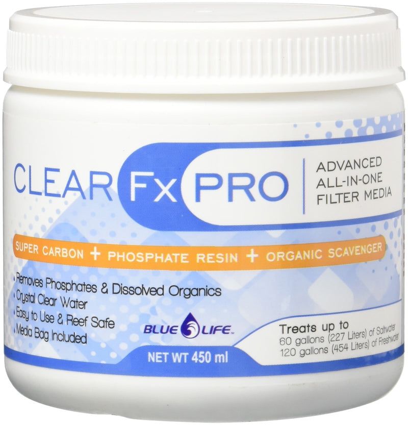 White jar of Blue Life Clear Fx Pro aquarium filter media with blue and orange labeling