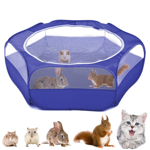 Blue mesh playpen with small animals inside and row of pets below showing size compatibility