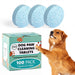 Blue speckled dog paw cleaning tablets with green product box and golden retriever on white