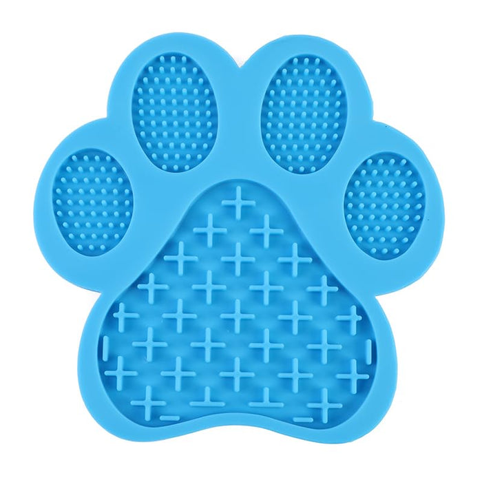 Blue paw-shaped textured licking mat with raised dots and cross patterns for dogs and cats