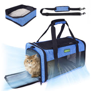 Blue pet carrier with accessories including food bowl and shoulder strap shown separately