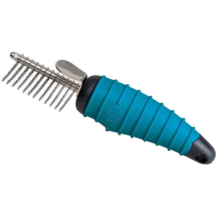 Blue ergonomic pet dematting comb with metal tines and ribbed grip handle on white background