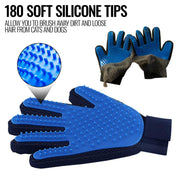 Blue pet grooming gloves with silicone tips showing hair removal feature and close-up detail