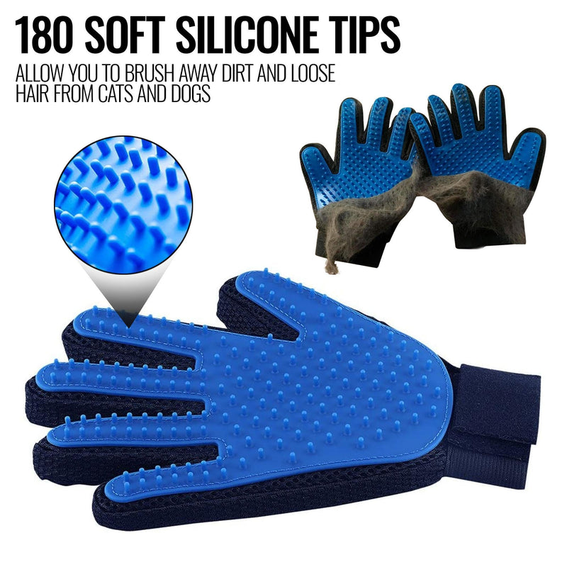 Blue pet grooming gloves with silicone tips showing hair removal feature and close-up detail
