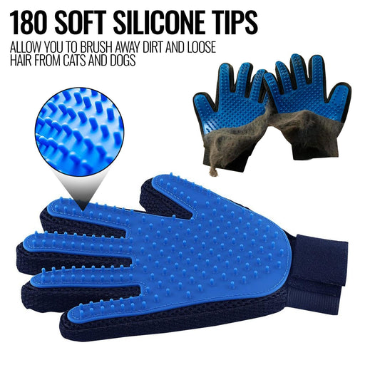 Blue pet grooming gloves with silicone tips showing hair removal feature and close-up detail
