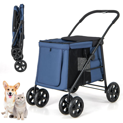 Blue pet stroller with black mesh windows shown folded and unfolded with corgi and cat nearby