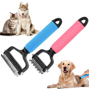 Two pet dematting combs with blue and pink handles shown with cats and golden retriever