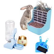 Blue rabbit feeder with hay rack and pellets, water bottle, guinea pig, and cleaning tools