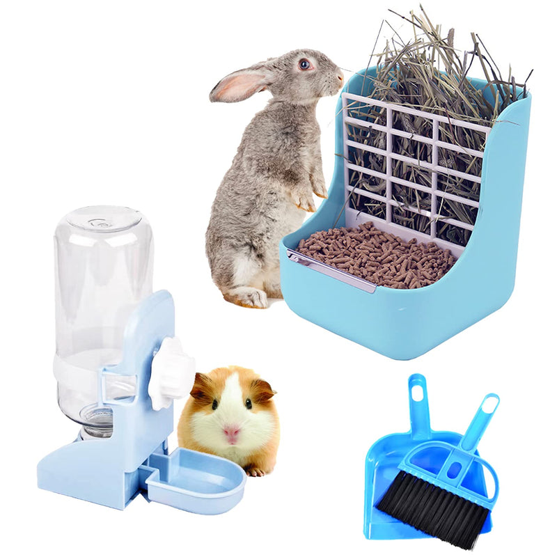 Blue rabbit feeder with hay rack and pellets, water bottle, guinea pig, and cleaning tools