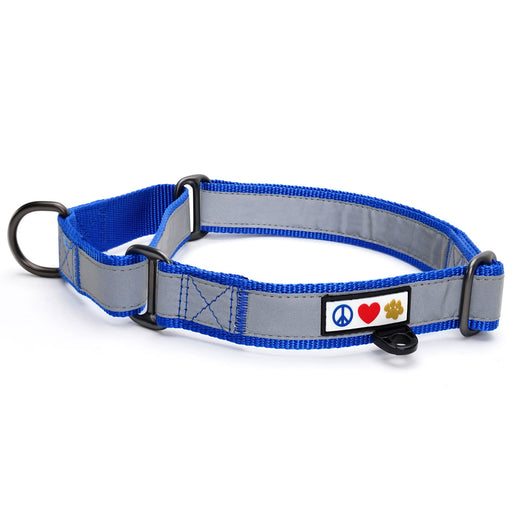 Blue and gray reflective martingale dog collar with peace love paw print tag on white background
