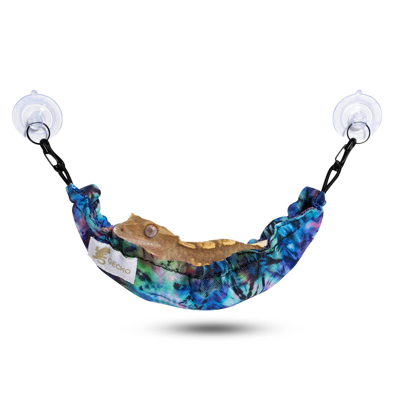 Blue patterned reptile hammock with brown gecko and suction cup attachments on white background