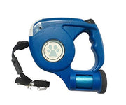 Blue retractable dog leash with built-in LED flashlight and waste bag dispenser with paw print logo