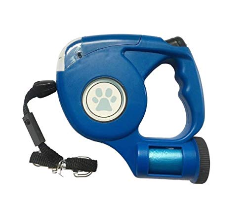 Blue retractable dog leash with built-in LED flashlight and waste bag dispenser with paw print logo