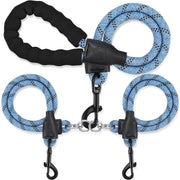 Blue rope anti-tangle double dog leash with black padded handle and dual clips on white background