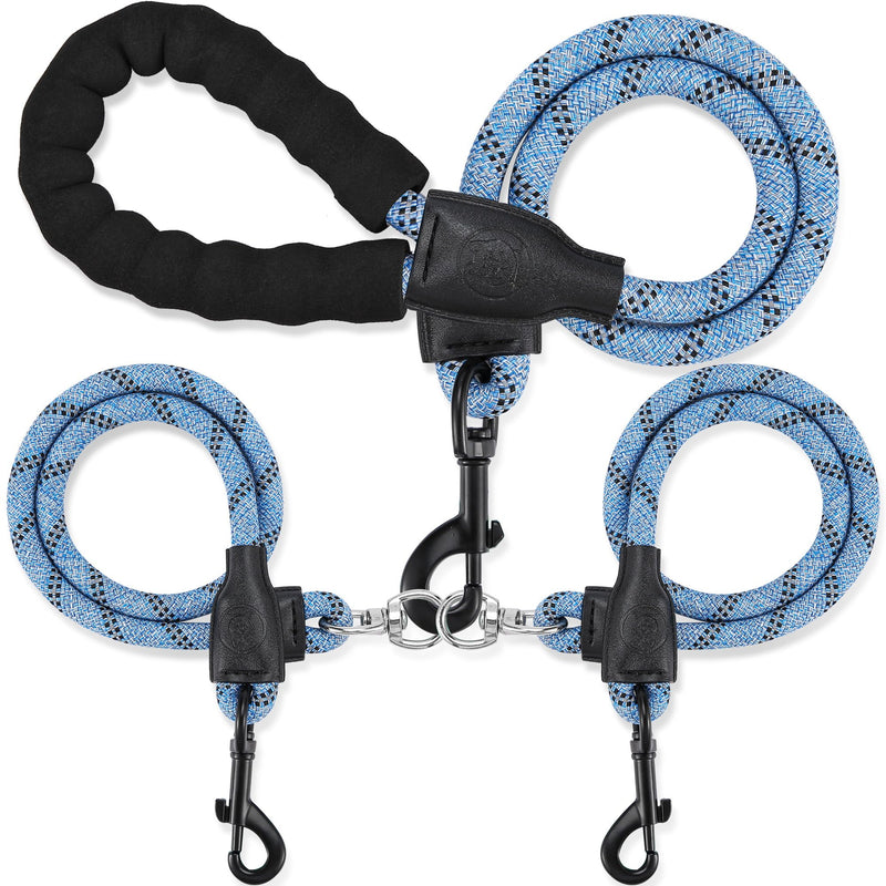 Blue rope anti-tangle double dog leash with black padded handle and dual clips on white background