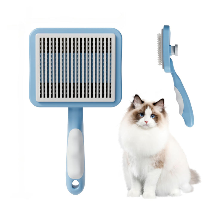 Blue and white self-cleaning slicker brush with metal pins shown alongside fluffy Ragdoll cat