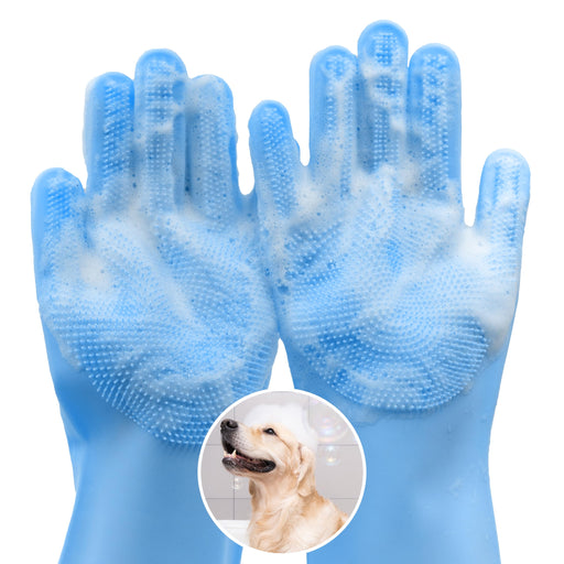 Blue silicone pet bathing gloves with textured grip palms and inset photo of golden retriever