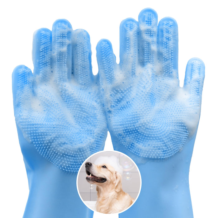 Blue silicone pet bathing gloves with textured grip palms and inset photo of golden retriever