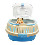 Blue and beige small animal travel carrier with clear top lid open showing hamster inside
