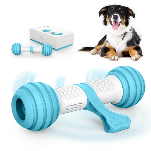 Blue and white interactive smart dog bone toy with packaging next to happy tri-color dog