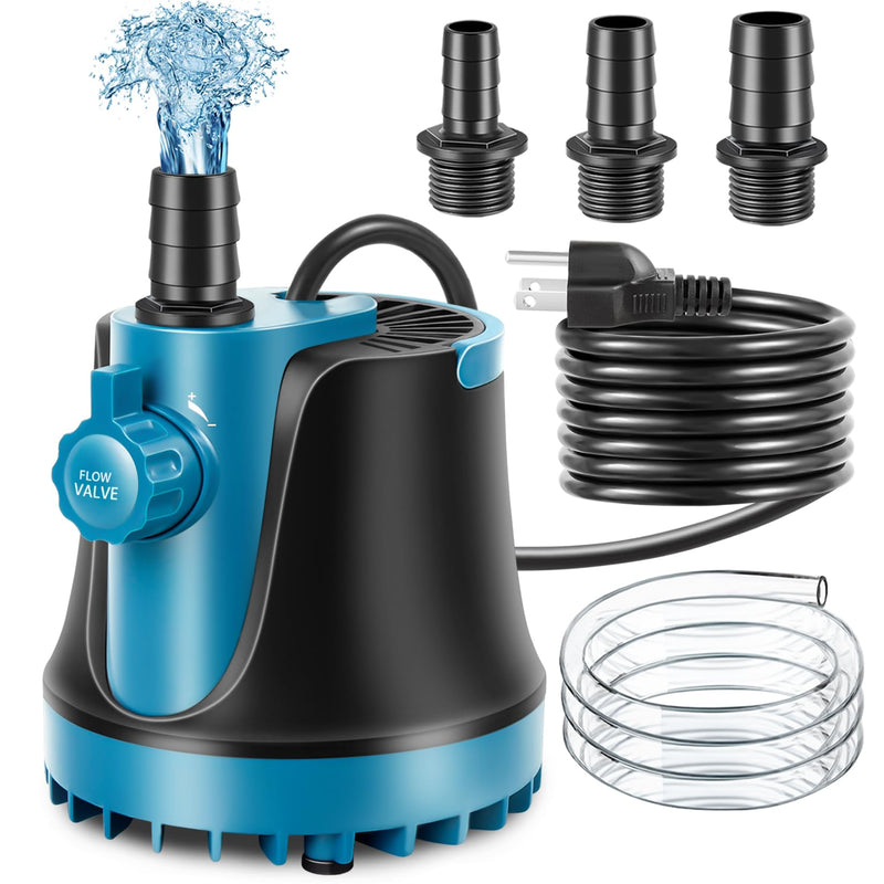 Blue submersible fountain pump with flow valve, power cord, and three hose fittings displayed
