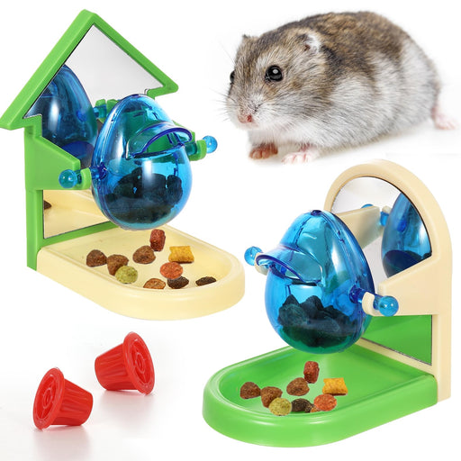 Blue transparent puzzle feeders dispensing colorful kibble with hamster and red accessories