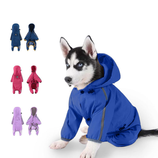 Black and white husky puppy wearing blue waterproof raincoat with hood and color options shown