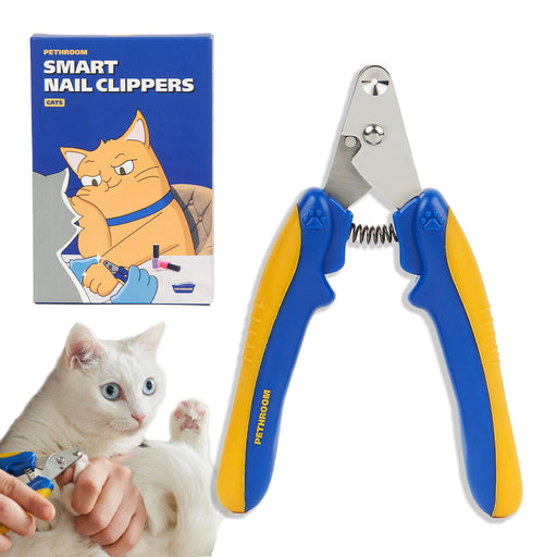 Blue and yellow cat nail clippers with packaging showing orange cat and white kitten being groomed