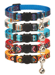 Five colorful bohemian cat collars with black cat face buckles and silver bells stacked together