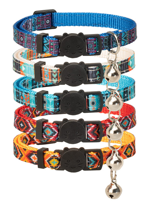 Five colorful bohemian cat collars with black cat face buckles and silver bells stacked together