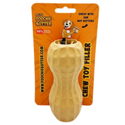 Bone-shaped cream colored dog chew toy attached to orange Dilly's Poochie Butter packaging
