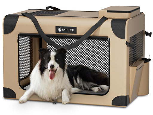 Black and white Border Collie sitting inside beige soft-sided dog crate with mesh panels