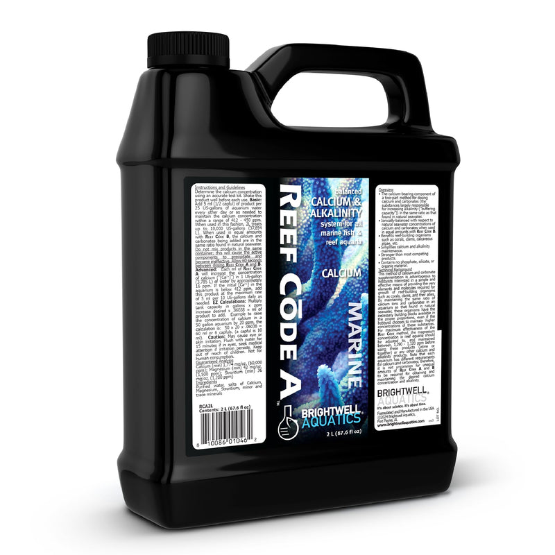 Black plastic jug of Brightwell Aquatics Reef Code A marine calcium supplement, 2 liter size