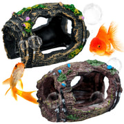 Two aquarium barrel caves with moss details and colorful goldfish swimming nearby on white
