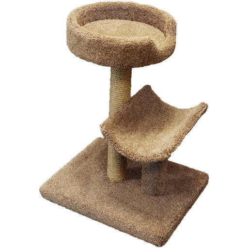 Brown carpeted cat tree with round top perch, hammock platform, and square base on white background