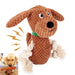 Brown crocheted dog toy with rope limbs and squeaker, shown with real dog playing in corner
