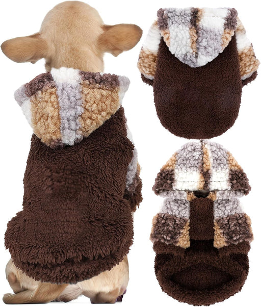 Brown fleece dog hoodie with multicolored patchwork hood shown from multiple angles on golden