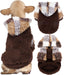 Brown fleece dog hoodie with multicolored patchwork hood shown from multiple angles on golden