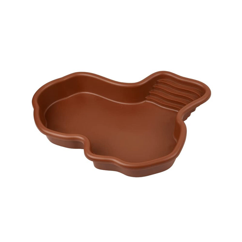 Brown terracotta reptile bathing pool with integrated ramp and ridged texture on white background