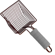 Brown wire cat litter scoop with gray rubber grip handle shown at diagonal angle