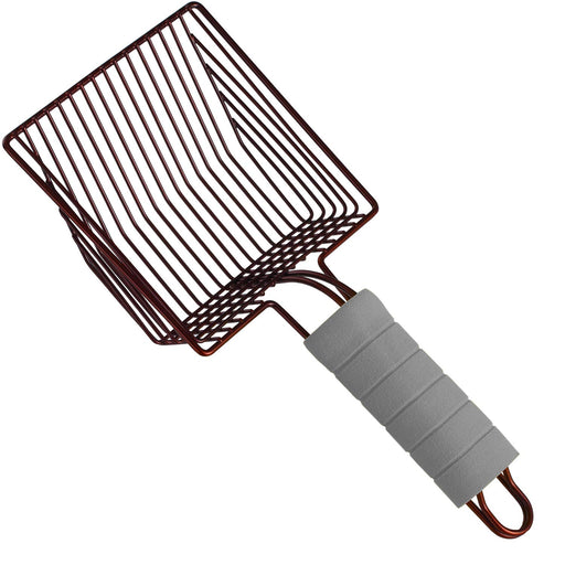 Brown wire cat litter scoop with gray rubber grip handle shown at diagonal angle