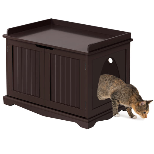 Dark brown wooden cat litter cabinet with tabby cat emerging from oval entrance opening