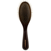 Dark brown wooden paddle brush with golden bristles and cushioned base on white background