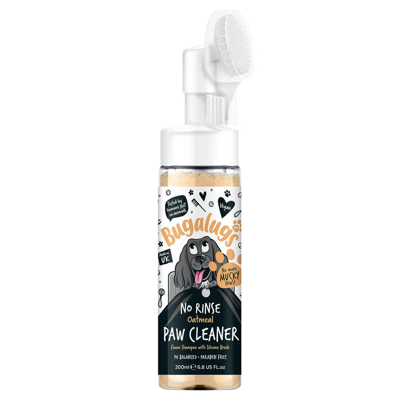 Bugalugs no-rinse oatmeal paw cleaner bottle with foam pump and cartoon dog illustration