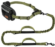 Olive green hands-free dog leash with dual handles bungee cord and black waist pack