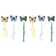 Six colorful butterfly cat wand toy refills with yellow, blue, and green wings and matching tassels