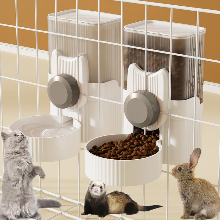 Cage-mounted pet feeders with food and water dispensers, showing cat, ferret and rabbit below