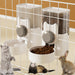 Cage-mounted pet feeders with food and water dispensers, showing cat, ferret and rabbit below