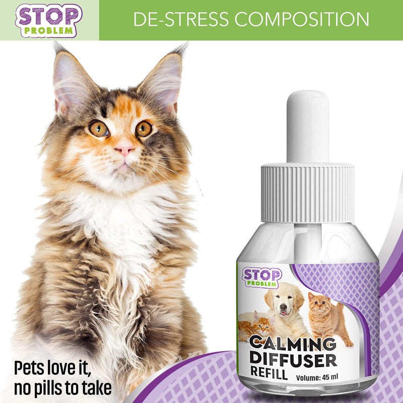Maine Coon kitten with orange eyes next to Stop Problem calming diffuser refill bottle