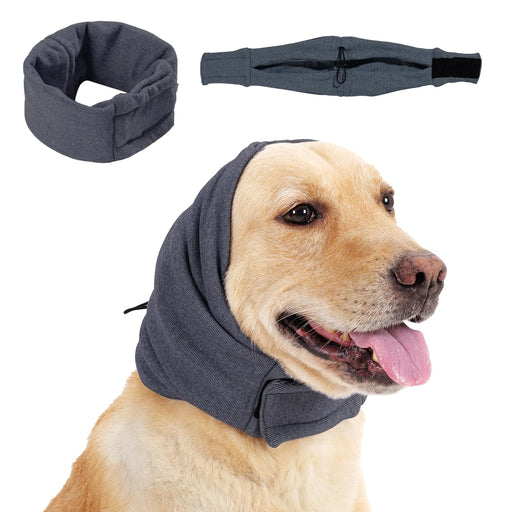 Gray calming ear wrap hood shown in three views - standalone, belt format, and on golden retriever